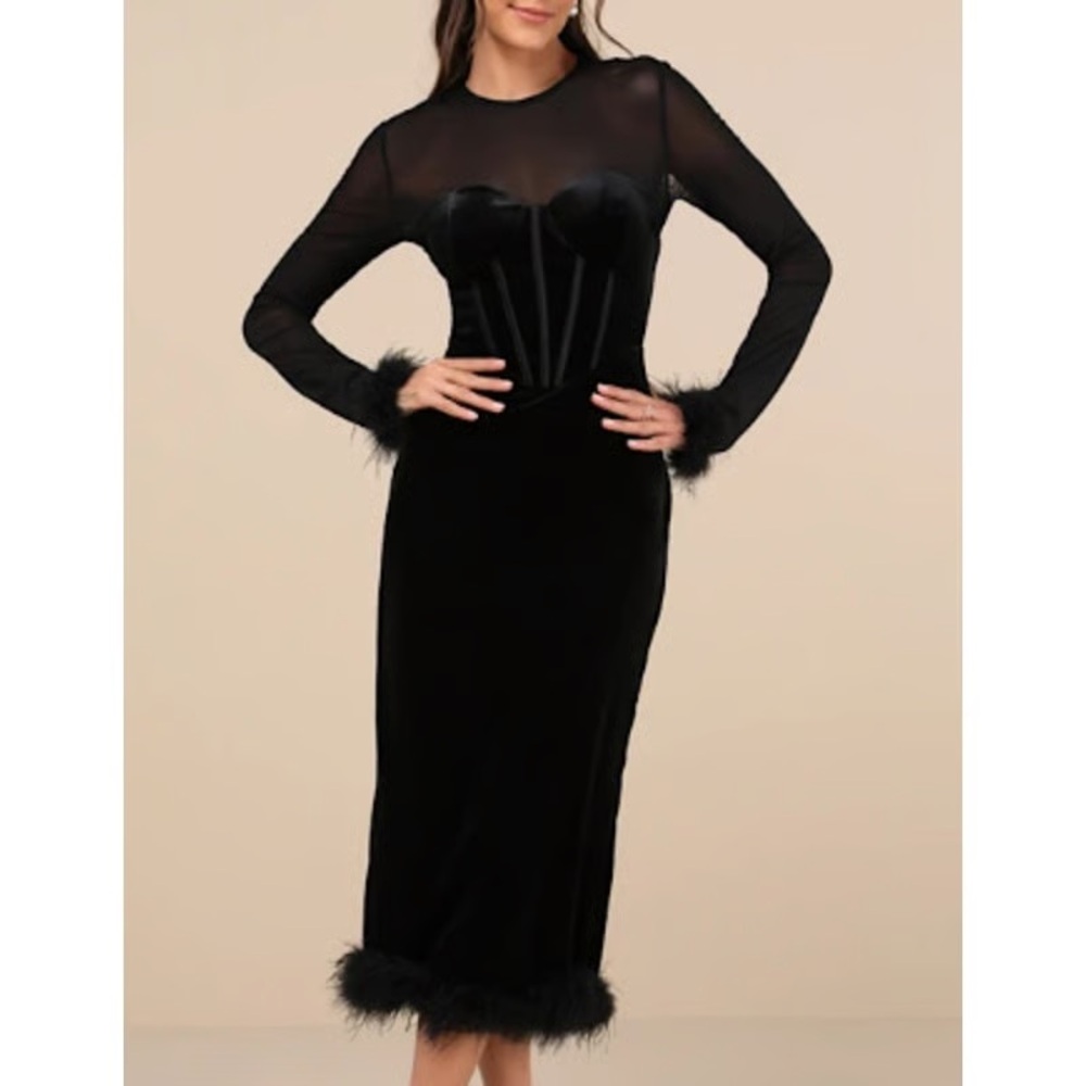 Lulus Black Velvet Feather Bustier Midi Dress